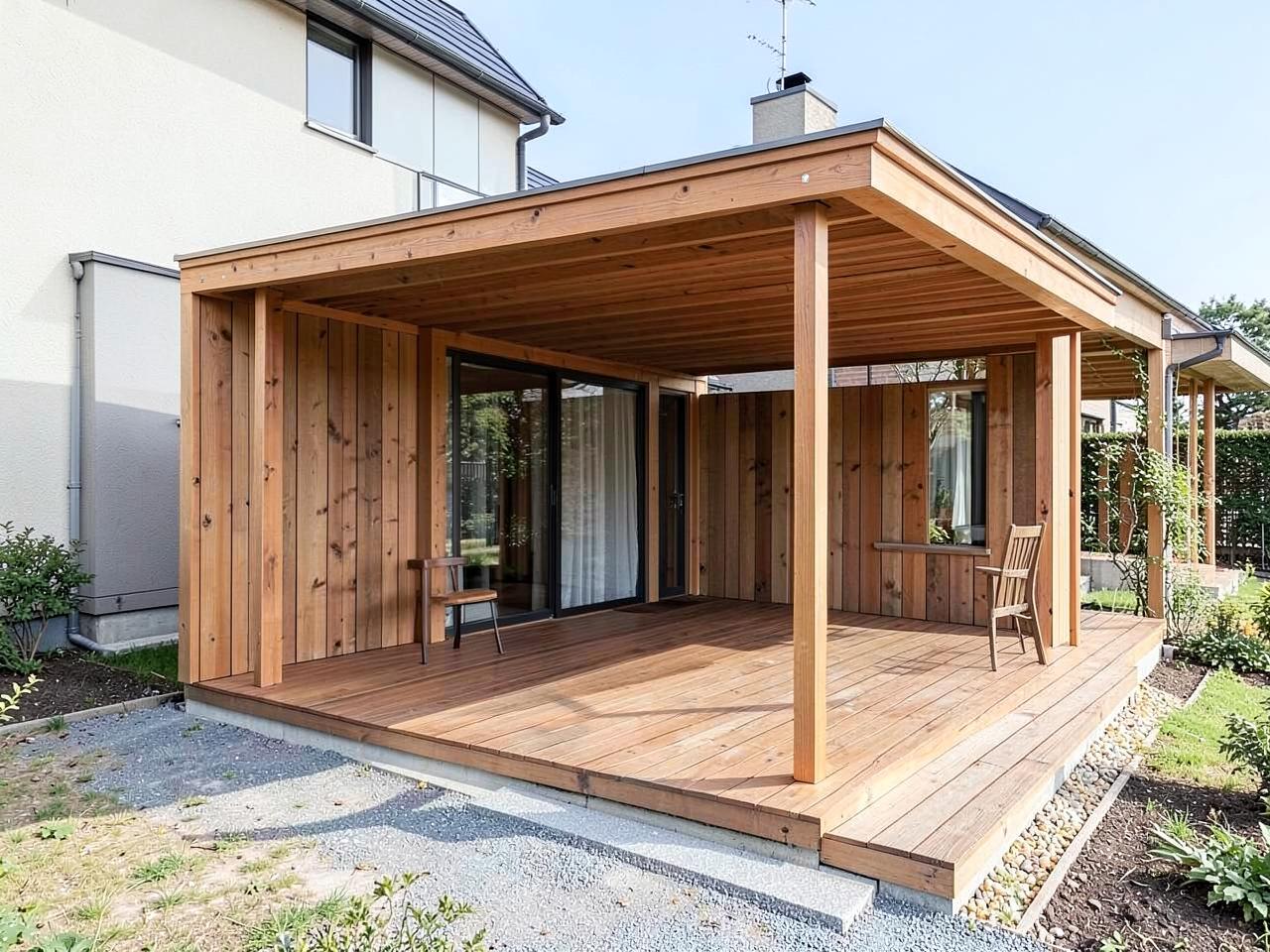 Überdachte Holzterrasse mit Carport-Konstruktion (Platzhalterbild)