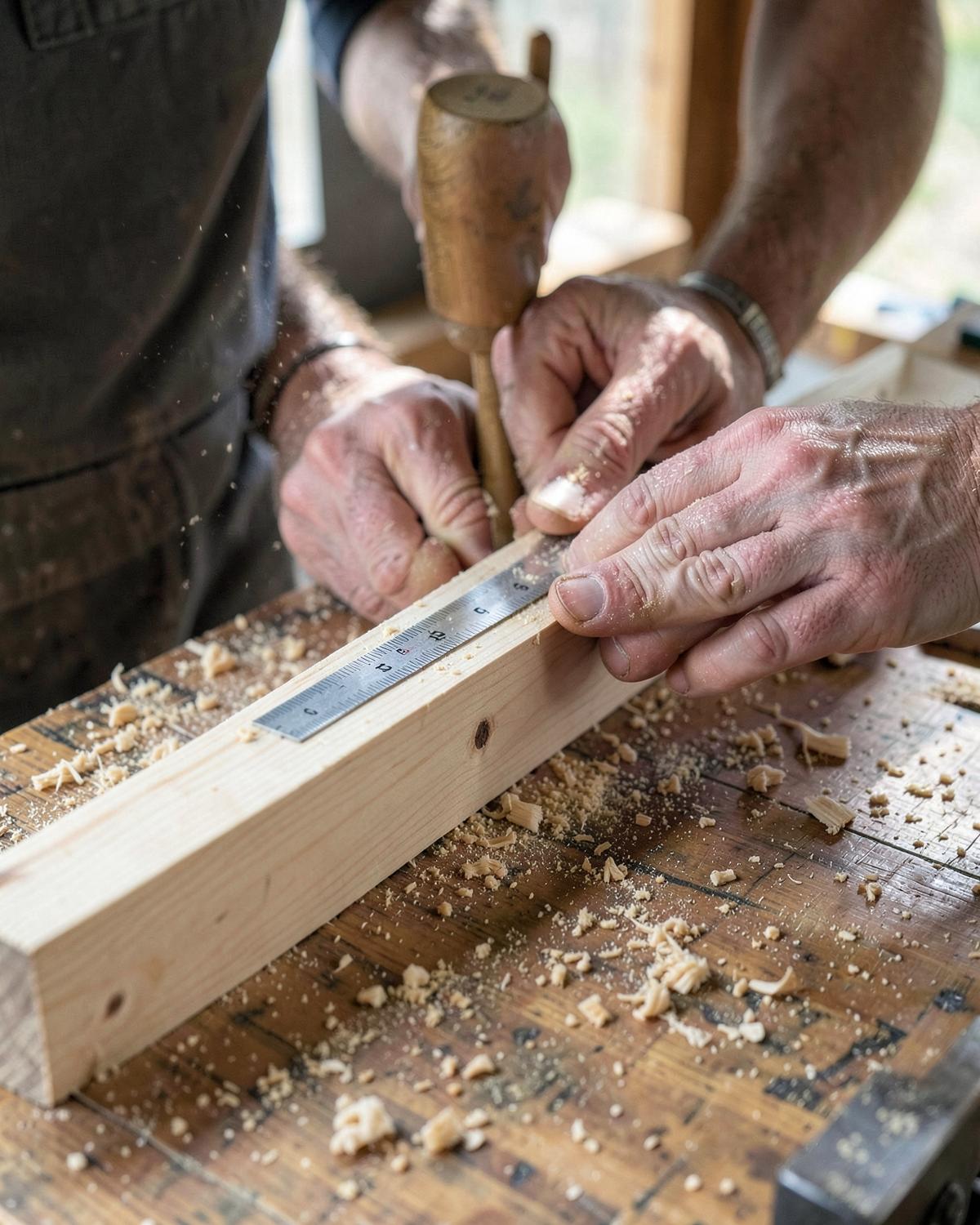 Holzbauprojekt 04 – Zimmerer beim Bearbeiten eines Holzbalkens (Platzhalterbild)