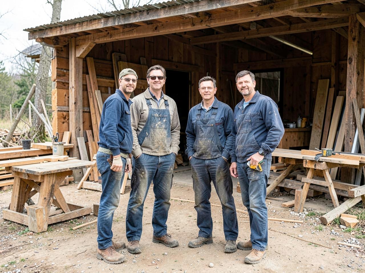 Platzhalterbild: Mannschaft eines Zimmereibetriebs vor einer Holzwerkstatt